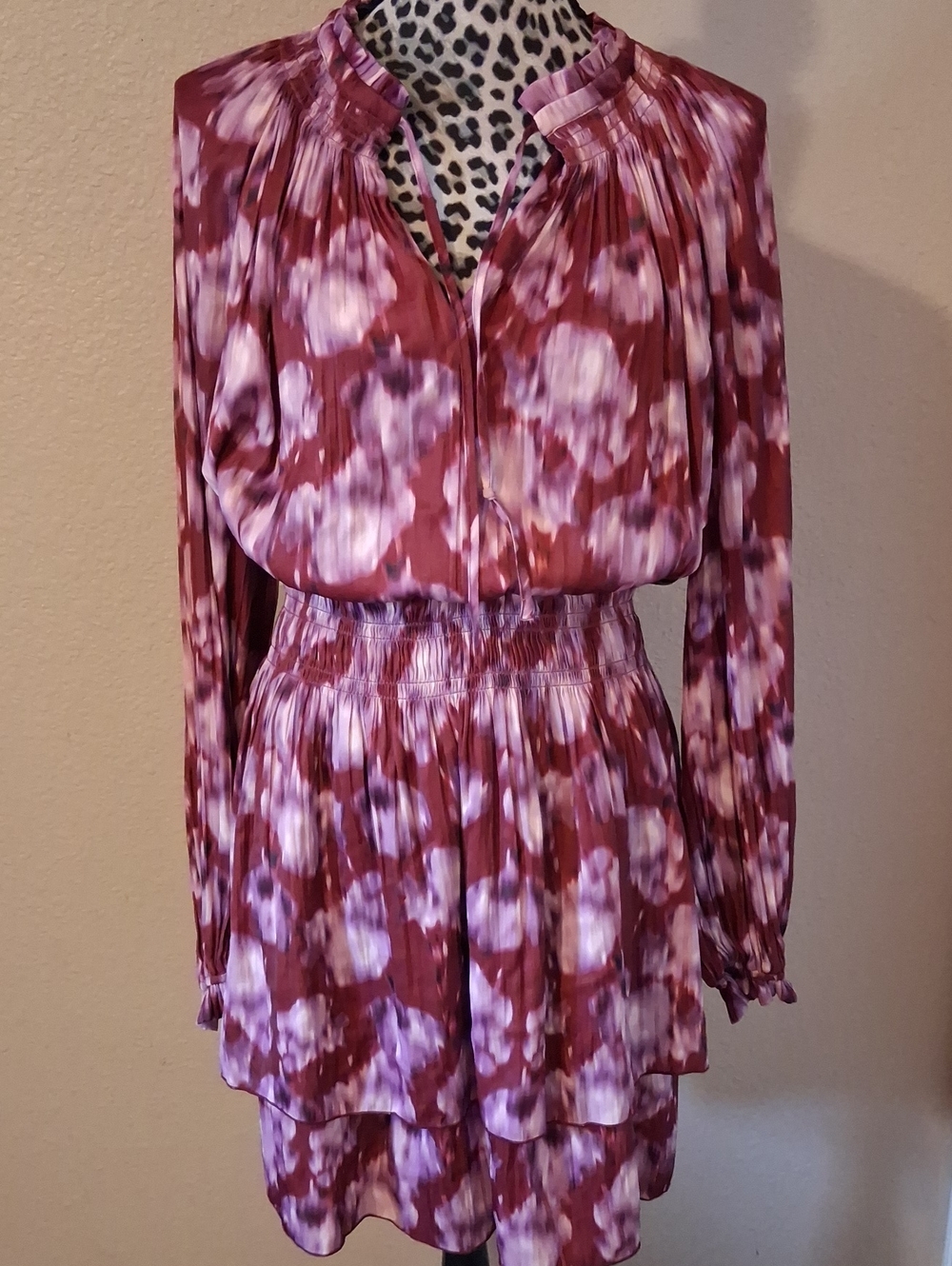 NWOT Scoop Women's Pink-Purple Floral Tie Dye Tiered Long-Sleeve Dress(XXL)
